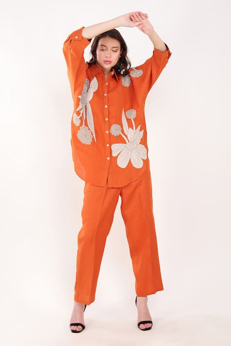 Linen Bloom Orange Linen Embroidery Collared Floral Patchwork Shirt Online at Aza Fashions Linen Bloom_Orange Linen Embroidery Collared Floral Patchwork Shirt _Online_at_Aza_Fashions