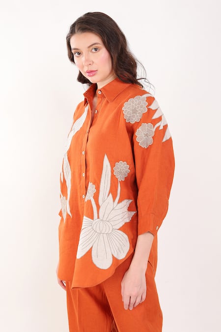 Buy Linen Bloom Orange Linen Embroidery Collared Floral Patchwork Shirt Online at Aza Fashions Buy_Linen Bloom_Orange Linen Embroidery Collared Floral Patchwork Shirt _Online_at_Aza_Fashions