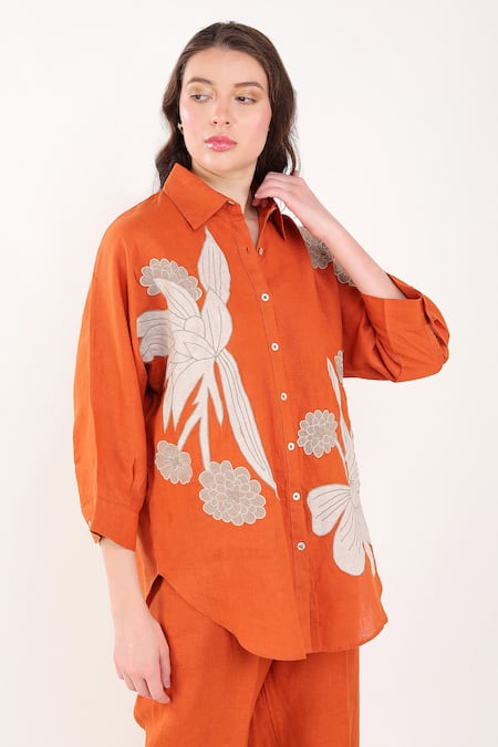 Shop Linen Bloom Orange Linen Embroidery Collared Floral Patchwork Shirt Online at Aza Fashions Shop_Linen Bloom_Orange Linen Embroidery Collared Floral Patchwork Shirt _Online_at_Aza_Fashions