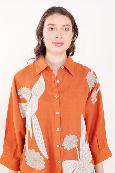 Linen Bloom Orange Linen Embroidery Collared Floral Patchwork Shirt at Aza Fashions Linen Bloom_Orange Linen Embroidery Collared Floral Patchwork Shirt _at_Aza_Fashions