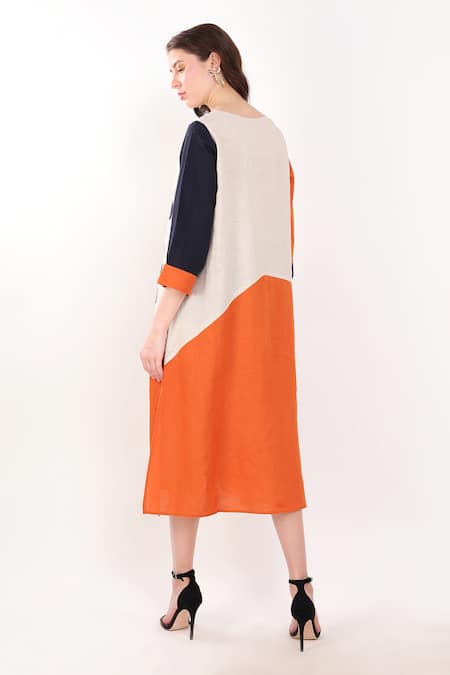 Shop_Linen Bloom_Orange Linen Embroidery Round Neck Flower Dress _at_Aza_Fashions