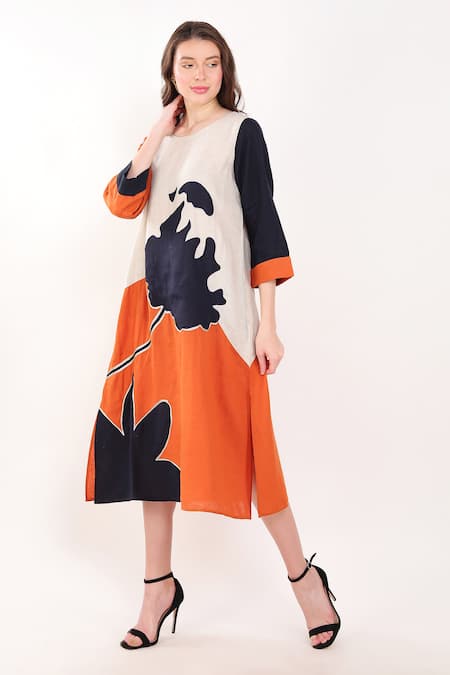 Linen Bloom_Orange Linen Embroidery Round Neck Flower Dress _Online_at_Aza_Fashions