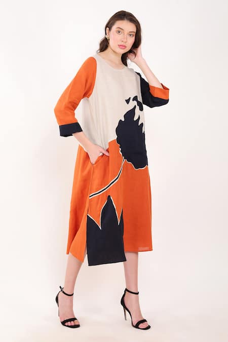 Buy_Linen Bloom_Orange Linen Embroidery Round Neck Flower Dress _Online_at_Aza_Fashions