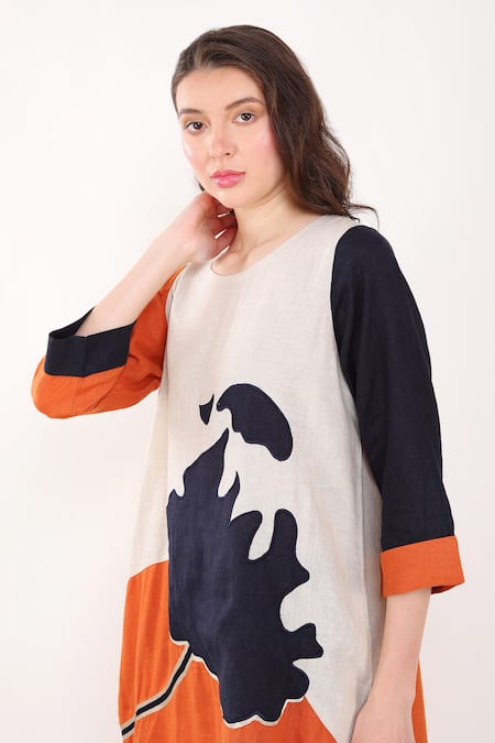 Shop_Linen Bloom_Orange Linen Embroidery Round Neck Flower Dress _Online_at_Aza_Fashions