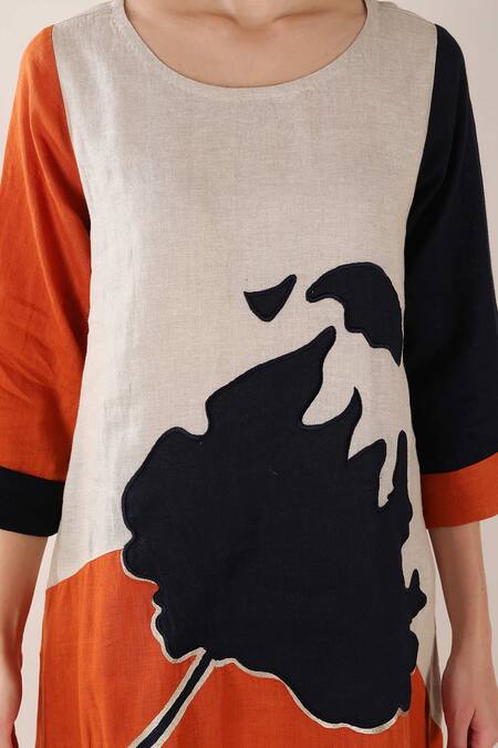 Linen Bloom_Orange Linen Embroidery Round Neck Flower Dress _at_Aza_Fashions