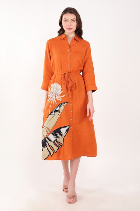 Linen Bloom Orange 100% Linen Embroidery Thread Collar Palm Leaf Dress