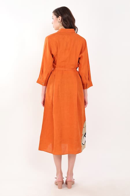 Shop_Linen Bloom_Orange Linen Embroidery Collared Palm Leaf Dress _at_Aza_Fashions