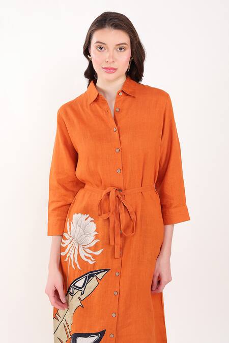 Linen Bloom_Orange Linen Embroidery Collared Palm Leaf Dress _Online_at_Aza_Fashions