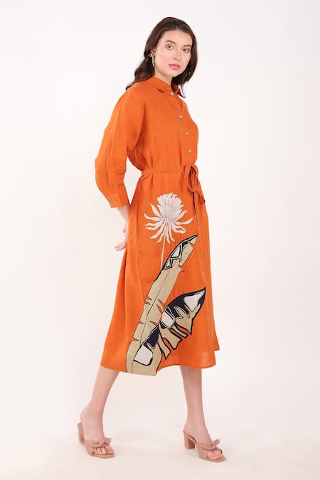 Buy_Linen Bloom_Orange Linen Embroidery Collared Palm Leaf Dress _Online_at_Aza_Fashions