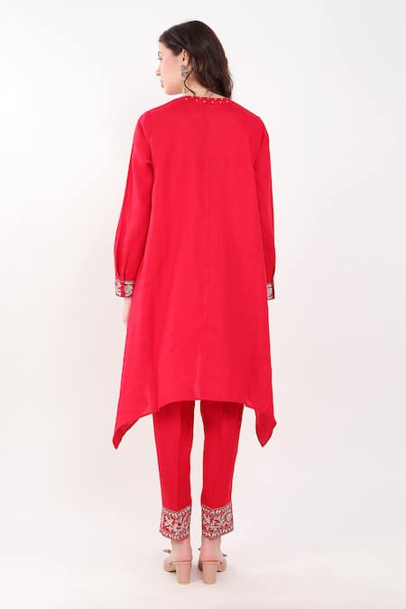 Shop Linen Bloom Red Linen Zari Round Neck Placement Embroidered Kurta And Pant Set at Aza Fashions Shop_Linen Bloom_Red Linen Zari Round Neck Placement Embroidered Kurta And Pant Set _at_Aza_Fashions