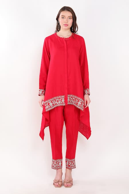 Linen Bloom Red Linen Zari Round Neck Placement Embroidered Kurta And Pant Set Online at Aza Fashions Linen Bloom_Red Linen Zari Round Neck Placement Embroidered Kurta And Pant Set _Online_at_Aza_Fashions