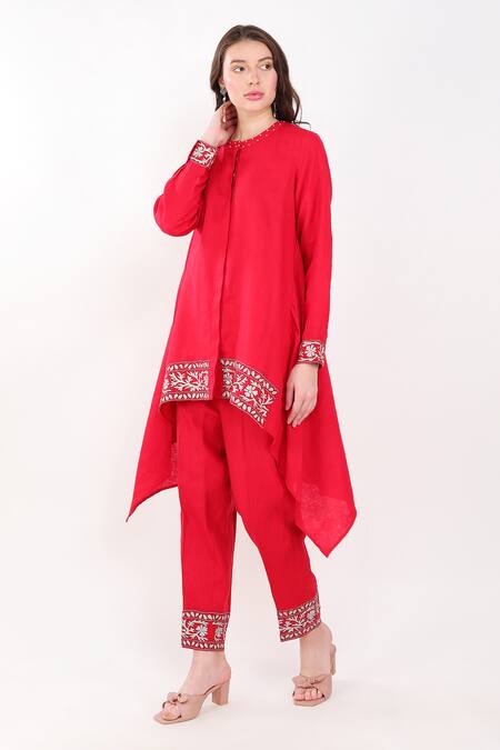 Buy Linen Bloom Red Linen Zari Round Neck Placement Embroidered Kurta And Pant Set Online at Aza Fashions Buy_Linen Bloom_Red Linen Zari Round Neck Placement Embroidered Kurta And Pant Set _Online_at_Aza_Fashions