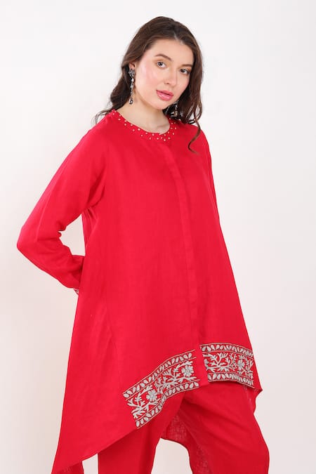 Linen Bloom Red Linen Zari Round Neck Placement Embroidered Kurta And Pant Set at Aza Fashions Linen Bloom_Red Linen Zari Round Neck Placement Embroidered Kurta And Pant Set _at_Aza_Fashions