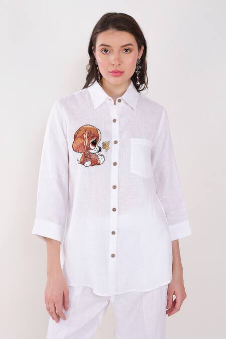 Linen Bloom White Linen Embroidery Collared Puppy Placement Shirt Online at Aza Fashions Linen Bloom_White Linen Embroidery Collared Puppy Placement Shirt _Online_at_Aza_Fashions