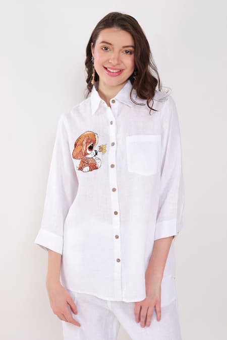 Shop Linen Bloom White Linen Embroidery Collared Puppy Placement Shirt Online at Aza Fashions Shop_Linen Bloom_White Linen Embroidery Collared Puppy Placement Shirt _Online_at_Aza_Fashions