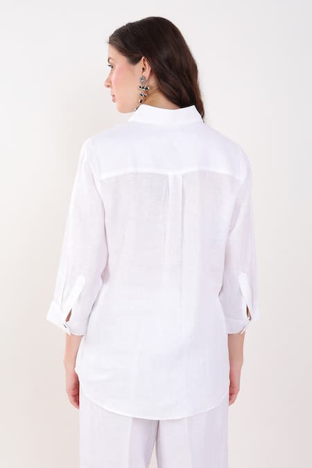 Shop Linen Bloom White Linen Embroidery Collared Bird Placement Shirt at Aza Fashions Shop_Linen Bloom_White Linen Embroidery Collared Bird Placement Shirt _at_Aza_Fashions