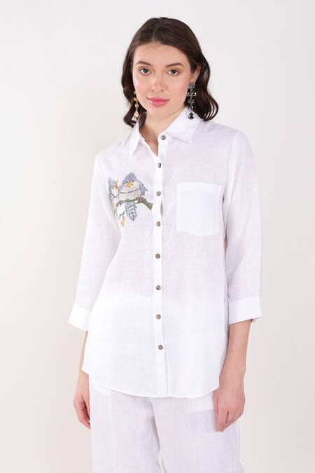 Linen Bloom White Linen Embroidery Collared Bird Placement Shirt Online at Aza Fashions Linen Bloom_White Linen Embroidery Collared Bird Placement Shirt _Online_at_Aza_Fashions