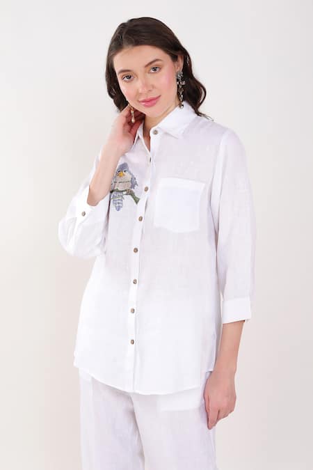 Buy Linen Bloom White Linen Embroidery Collared Bird Placement Shirt Online at Aza Fashions Buy_Linen Bloom_White Linen Embroidery Collared Bird Placement Shirt _Online_at_Aza_Fashions