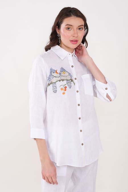 Shop Linen Bloom White Linen Embroidery Collared Bird Placement Shirt Online at Aza Fashions Shop_Linen Bloom_White Linen Embroidery Collared Bird Placement Shirt _Online_at_Aza_Fashions