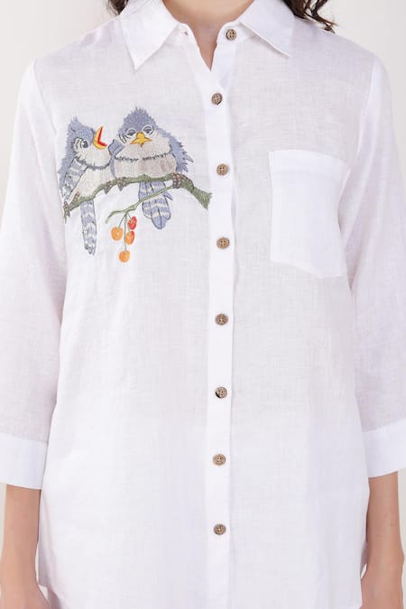 Linen Bloom White Linen Embroidery Collared Bird Placement Shirt at Aza Fashions Linen Bloom_White Linen Embroidery Collared Bird Placement Shirt _at_Aza_Fashions