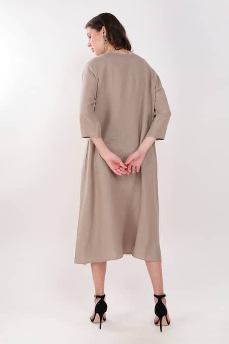 Shop Linen Bloom Brown Linen Embroidery Round Neck Patchwork Dress at Aza Fashions Shop_Linen Bloom_Brown Linen Embroidery Round Neck Patchwork Dress _at_Aza_Fashions