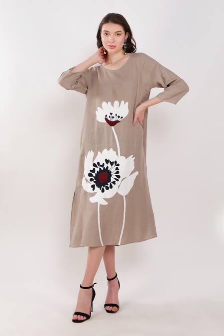 Linen Bloom Brown Linen Embroidery Round Neck Patchwork Dress Online at Aza Fashions Linen Bloom_Brown Linen Embroidery Round Neck Patchwork Dress _Online_at_Aza_Fashions