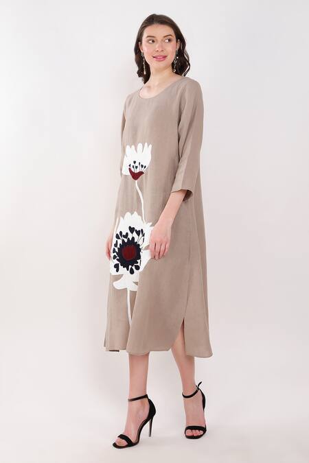 Buy Linen Bloom Brown Linen Embroidery Round Neck Patchwork Dress Online at Aza Fashions Buy_Linen Bloom_Brown Linen Embroidery Round Neck Patchwork Dress _Online_at_Aza_Fashions