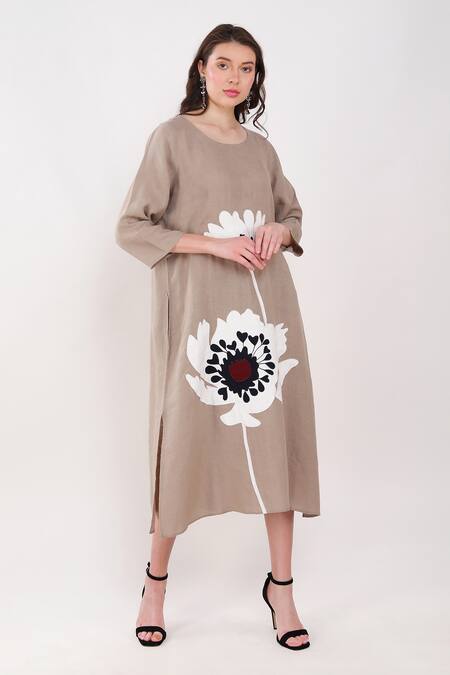 Shop Linen Bloom Brown Linen Embroidery Round Neck Patchwork Dress Online at Aza Fashions Shop_Linen Bloom_Brown Linen Embroidery Round Neck Patchwork Dress _Online_at_Aza_Fashions