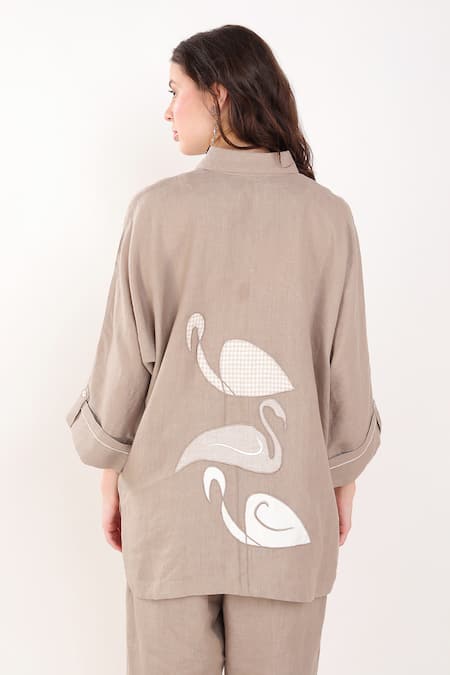 Shop Linen Bloom Brown Linen Embroidery Collared Flamingo Patchwork Shirt at Aza Fashions Shop_Linen Bloom_Brown Linen Embroidery Collared Flamingo Patchwork Shirt _at_Aza_Fashions
