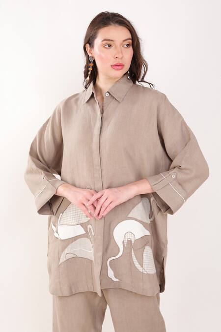 Linen Bloom Brown Linen Embroidery Collared Flamingo Patchwork Shirt Online at Aza Fashions Linen Bloom_Brown Linen Embroidery Collared Flamingo Patchwork Shirt _Online_at_Aza_Fashions