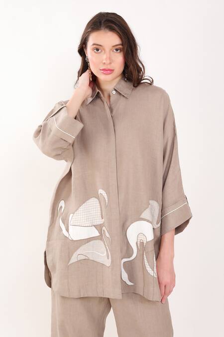 Buy Linen Bloom Brown Linen Embroidery Collared Flamingo Patchwork Shirt Online at Aza Fashions Buy_Linen Bloom_Brown Linen Embroidery Collared Flamingo Patchwork Shirt _Online_at_Aza_Fashions