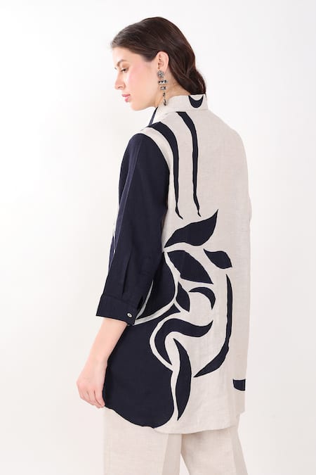 Shop_Linen Bloom_Beige Linen Applique Collared Leaf Embroidered Shirt _at_Aza_Fashions