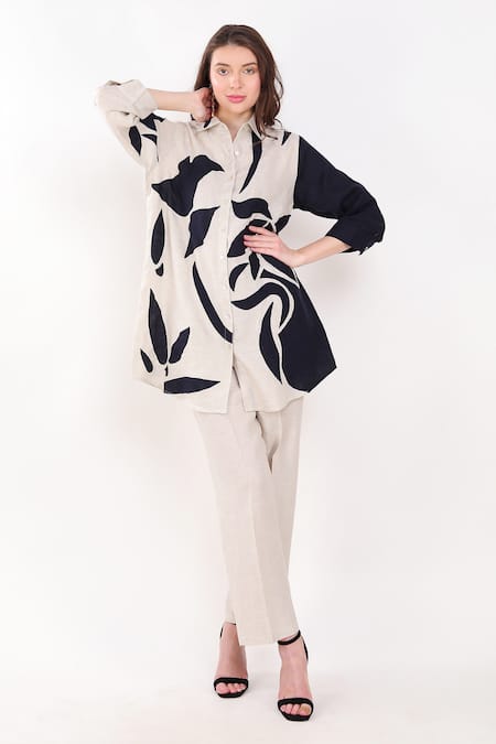 Linen Bloom_Beige Linen Applique Collared Leaf Embroidered Shirt _Online_at_Aza_Fashions