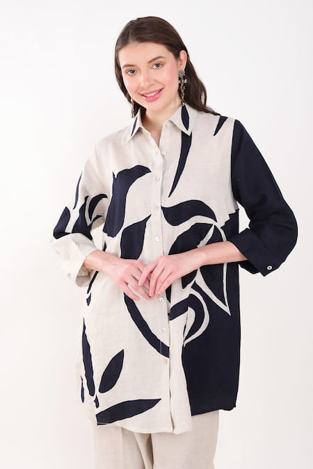 Buy_Linen Bloom_Beige Linen Applique Collared Leaf Embroidered Shirt _Online_at_Aza_Fashions