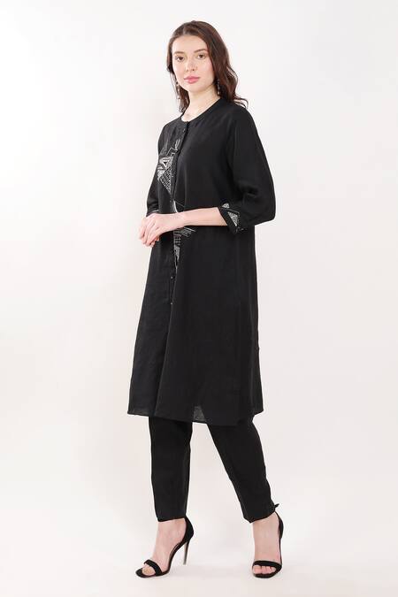 Buy Linen Bloom Black Linen Sequins Round Neck Placement Embroidered Tunic Online at Aza Fashions Buy_Linen Bloom_Black Linen Sequins Round Neck Placement Embroidered Tunic _Online_at_Aza_Fashions