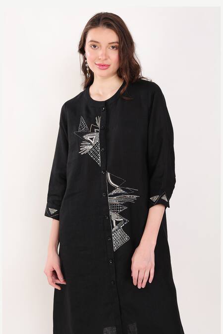 Shop Linen Bloom Black Linen Sequins Round Neck Placement Embroidered Tunic Online at Aza Fashions Shop_Linen Bloom_Black Linen Sequins Round Neck Placement Embroidered Tunic _Online_at_Aza_Fashions
