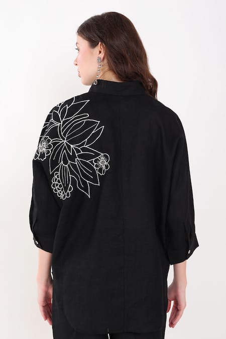 Shop Linen Bloom Black Linen Embroidery Collared Flower Shirt at Aza Fashions Shop_Linen Bloom_Black Linen Embroidery Collared Flower Shirt _at_Aza_Fashions