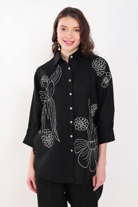 Linen Bloom Black Linen Embroidery Collared Flower Shirt Online at Aza Fashions Linen Bloom_Black Linen Embroidery Collared Flower Shirt _Online_at_Aza_Fashions