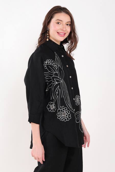 Buy Linen Bloom Black Linen Embroidery Collared Flower Shirt Online at Aza Fashions Buy_Linen Bloom_Black Linen Embroidery Collared Flower Shirt _Online_at_Aza_Fashions