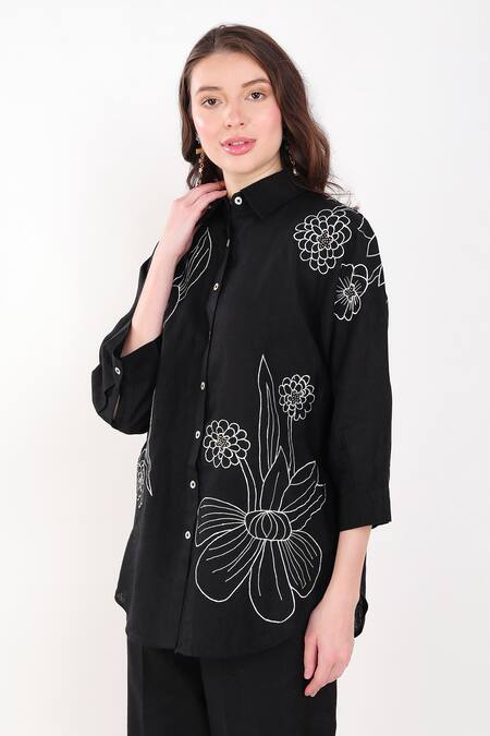 Shop Linen Bloom Black Linen Embroidery Collared Flower Shirt Online at Aza Fashions Shop_Linen Bloom_Black Linen Embroidery Collared Flower Shirt _Online_at_Aza_Fashions