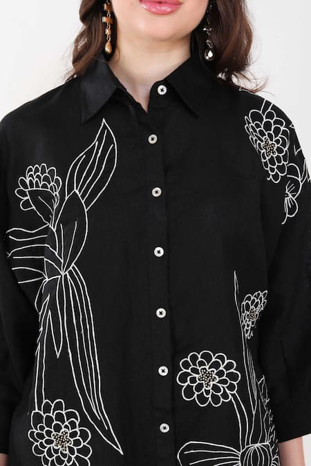 Linen Bloom Black Linen Embroidery Collared Flower Shirt at Aza Fashions Linen Bloom_Black Linen Embroidery Collared Flower Shirt _at_Aza_Fashions