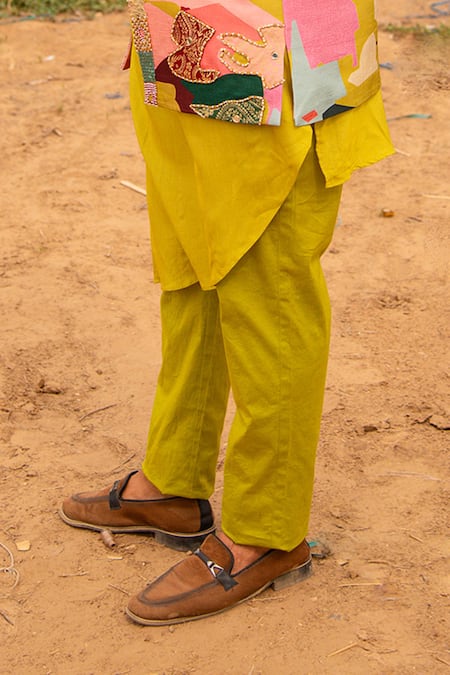 Soniya G_Yellow , Cotton, Satin Beads, Asymmetric Draped Kurta And Bundi Set _Online_at_Aza_Fashions