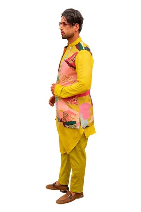 Buy_Soniya G_Yellow , Cotton, Satin Beads, Asymmetric Draped Kurta And Bundi Set _Online_at_Aza_Fashions