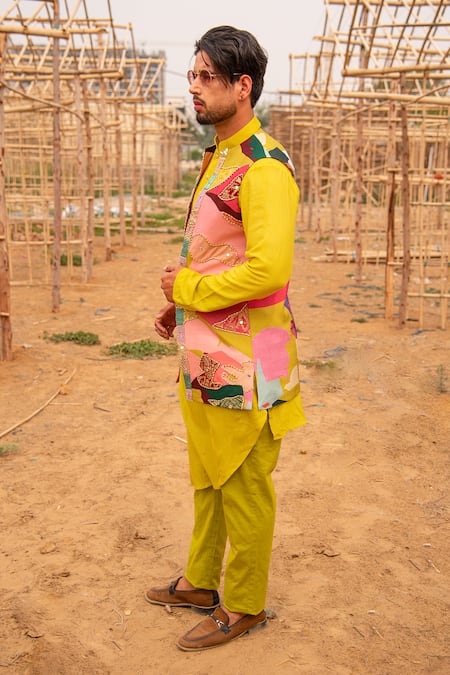 Shop_Soniya G_Yellow , Cotton, Satin Beads, Asymmetric Draped Kurta And Bundi Set _Online_at_Aza_Fashions