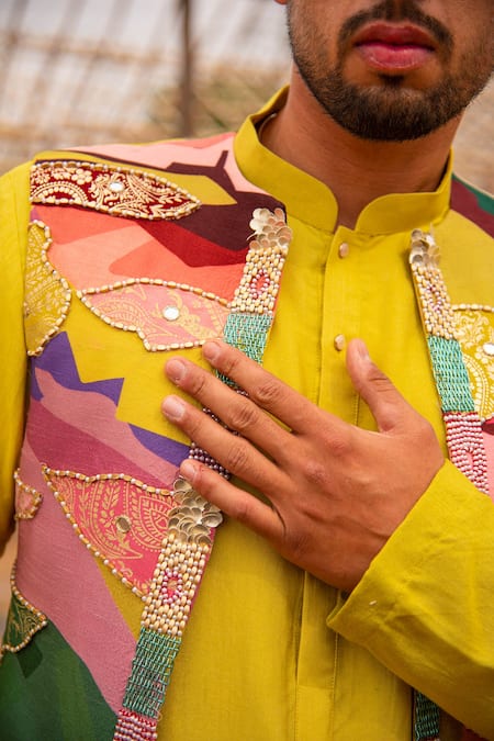 Soniya G_Yellow , Cotton, Satin Beads, Asymmetric Draped Kurta And Bundi Set _at_Aza_Fashions