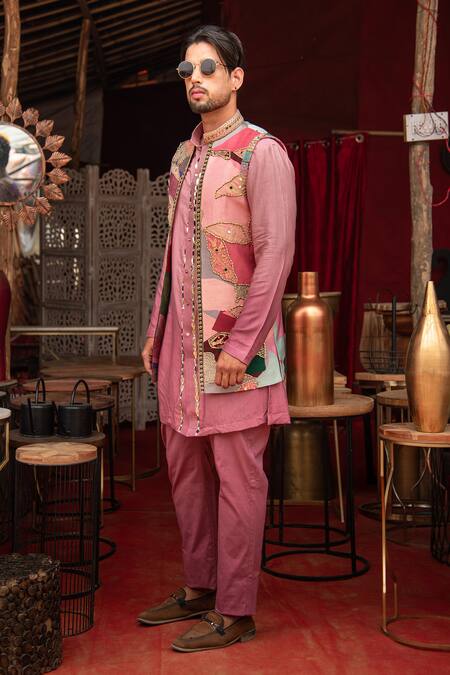 Shop Soniya G Purple Silk, Cotton Stones, Mirrors Abstract Floral Printed Bundi Kurta Set Online at Aza Fashions Shop_Soniya G_Purple Silk, Cotton Stones, Mirrors Abstract Floral Printed Bundi Kurta Set _Online_at_Aza_Fashions