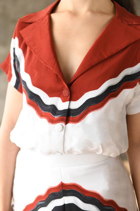 Shop East14 White Cotton, Crepe Collared Alley Brush Stroke Print Shirt Online at Aza Fashions Shop_East14_White Cotton, Crepe Collared Alley Brush Stroke Print Shirt_Online_at_Aza_Fashions