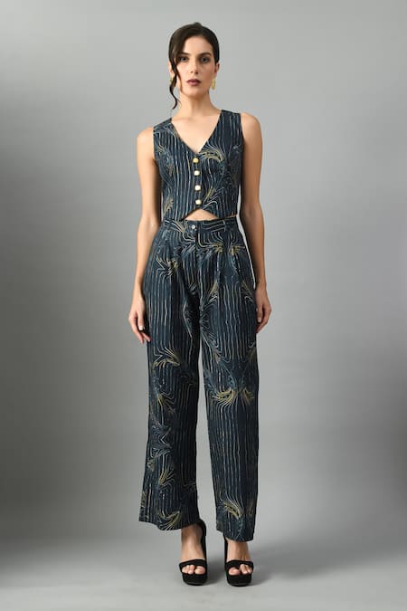 Fishcanfly_Blue Linen Printed Wave V Neck Wondersea Waistcoat And Trouser Set _Online_at_Aza_Fashions