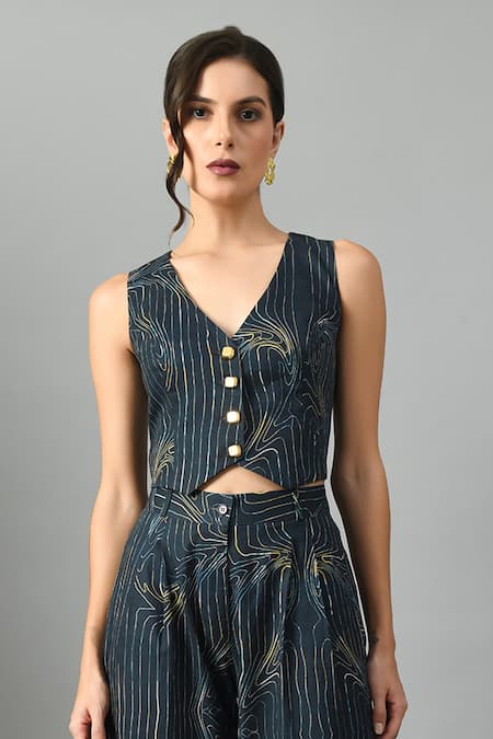 Buy_Fishcanfly_Blue Linen Printed Wave V Neck Wondersea Waistcoat And Trouser Set _Online_at_Aza_Fashions