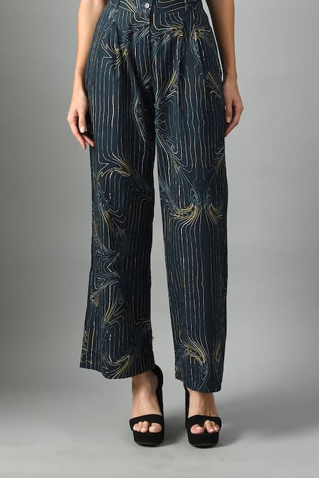 Shop_Fishcanfly_Blue Linen Printed Wave V Neck Wondersea Waistcoat And Trouser Set _Online_at_Aza_Fashions